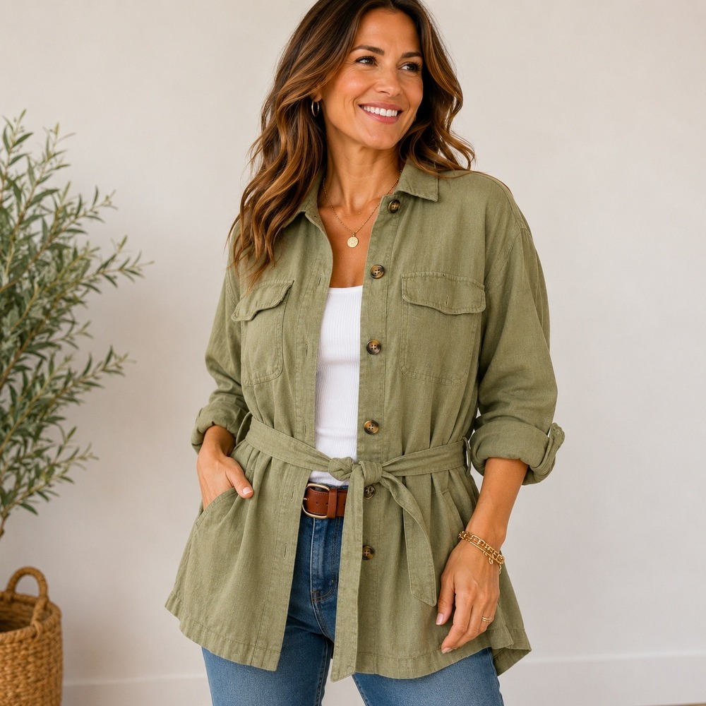 JustFab Olive Green Linen Blend Belted Utility Safari Jacket Womens Large